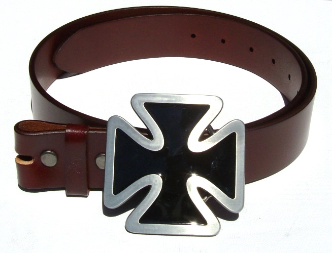 Black Enamel Iron Cross Buckle and Classic Brown Solid Leather Belt ...