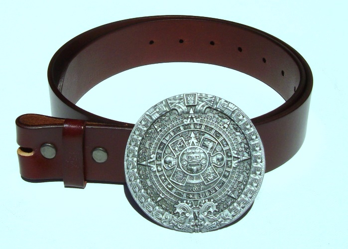 Round Aztec Calendar Belt Buckle and Classic Brown Solid Leather Belt