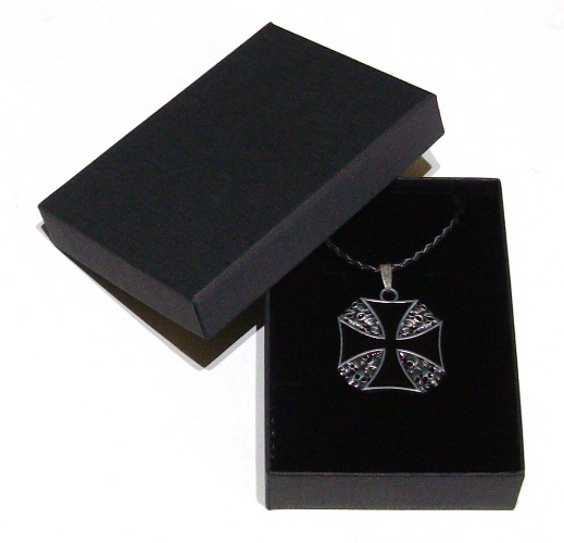 iron cross with skulls pendant and braided leather necklace with gift box