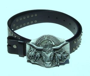 Rodeo Bull Belt Buckle and Solid Black Studded Leather Belt Combo