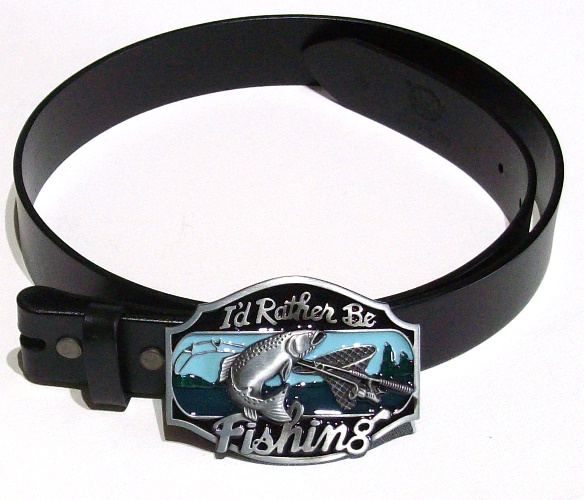 I'd Rather Be Fishing Belt Buckle and Solid Black Leather Belt