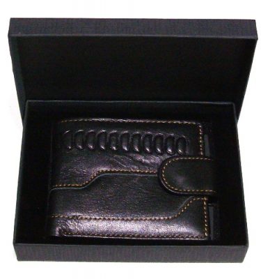 black leather wallet holds cards coins banknotes with gift box
