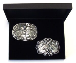 2 Country Music Buckles, I like Country Music and Country Guitars with Gift Box