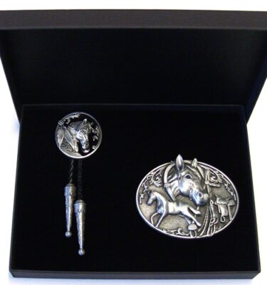 Horse - Bolo Tie Black and brushed silver plus matching Belt Buckle with Gift Box