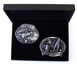 2 Rodeo Buckles, Rodeo Bull Riding and Rodeo Steer Wrestling with Gift Box