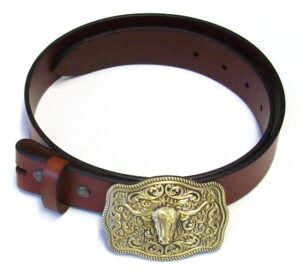 Solid Brass Bull Belt Buckle and Classic Brown Solid Leather Belt Combo
